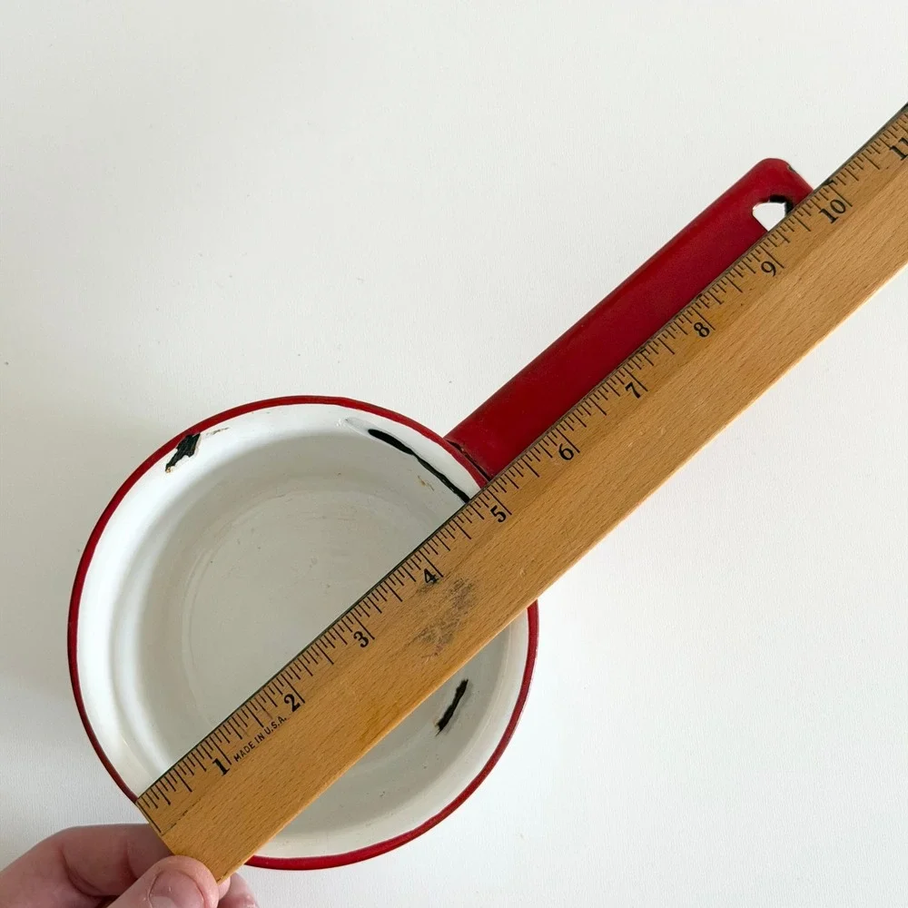 Vintage Mid-Century Enamelware Sauce Pot Red/White 5